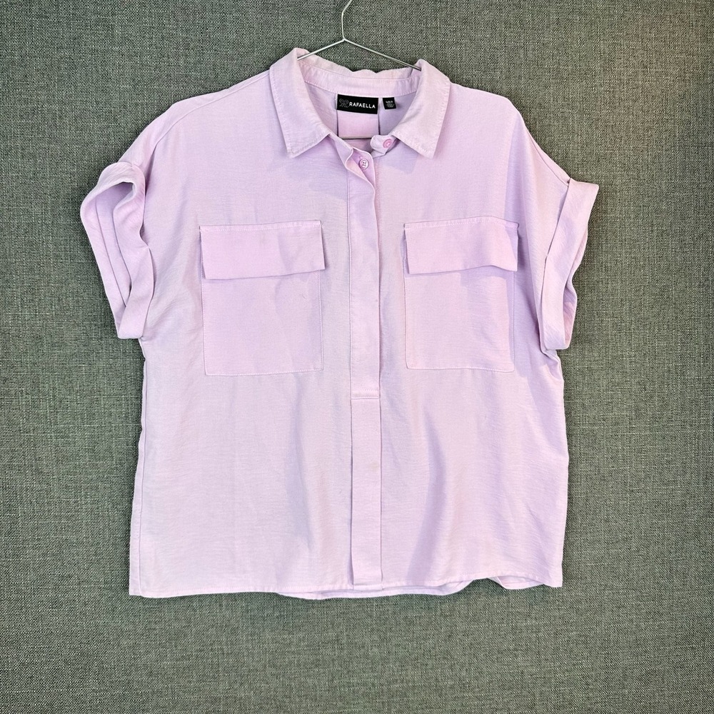 Rafaella Womens Shirt Top L Large Lavender Button Up Short Sleeve Pockets